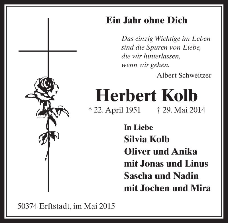  Traueranzeige für Herbert Kolb vom 27.05.2015 aus  Werbepost 