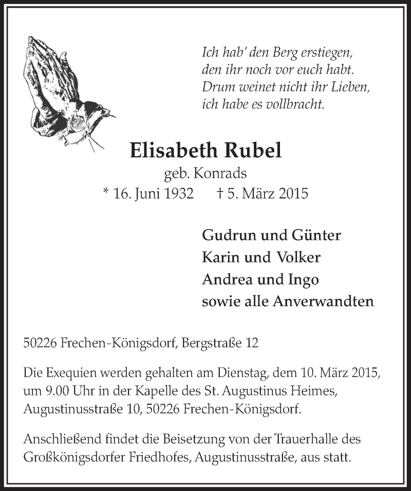  Traueranzeige für Elisabeth Rubel vom 07.03.2015 aus  Sonntags-Post 