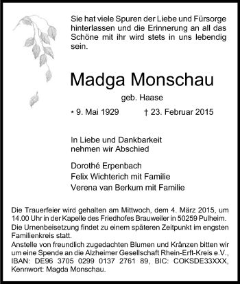 Anzeige von Madga Monschau von Kölner Stadt-Anzeiger / Kölnische Rundschau / Express