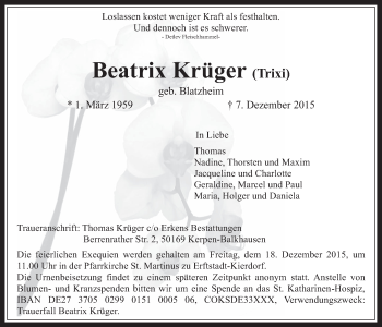 Anzeige von Beatrix Krüger von  Sonntags-Post 
