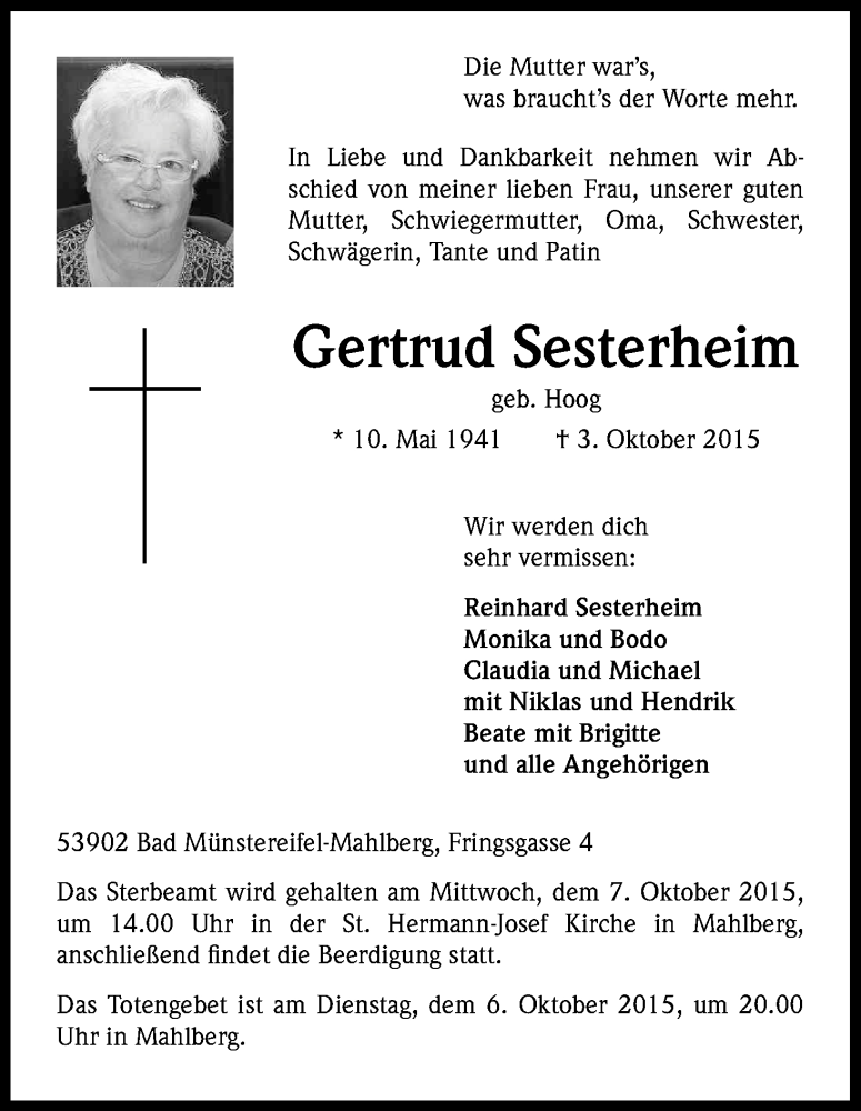  Traueranzeige für Gertrud Sesterheim vom 06.10.2015 aus Kölner Stadt-Anzeiger / Kölnische Rundschau / Express