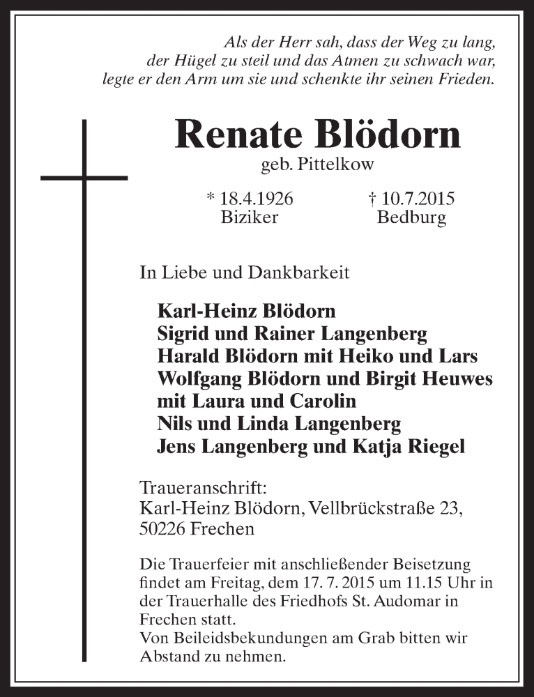  Traueranzeige für Renate Blödorn vom 15.07.2015 aus  Wochenende 