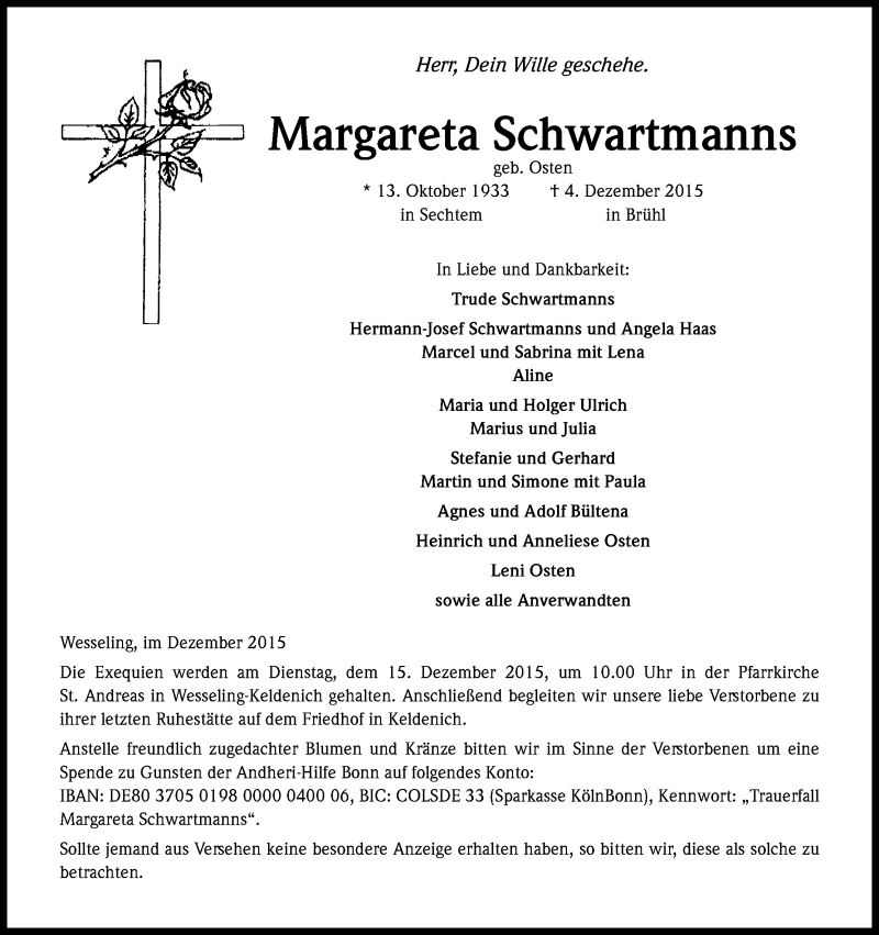  Traueranzeige für Margareta Schwartmanns vom 12.12.2015 aus Kölner Stadt-Anzeiger / Kölnische Rundschau / Express