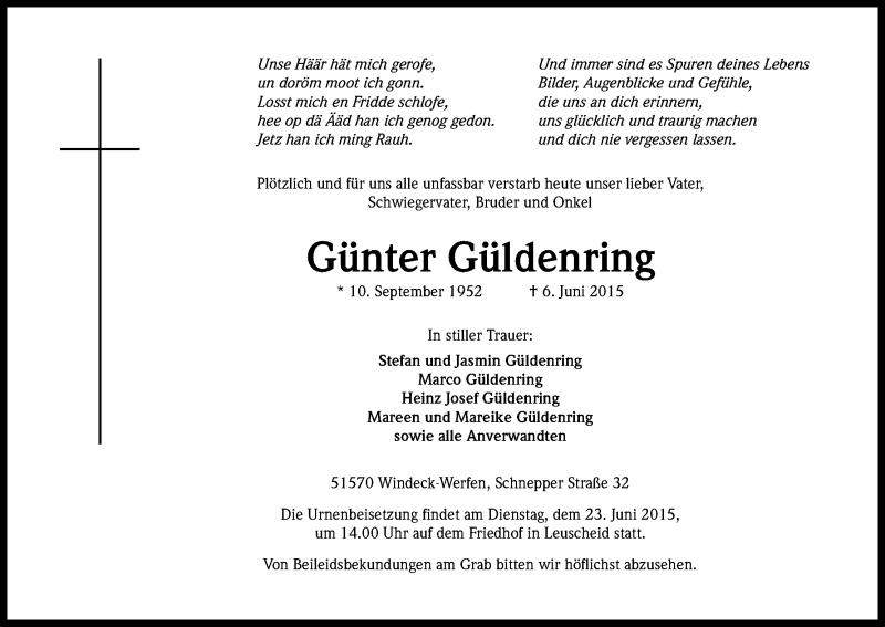  Traueranzeige für Günter Güldenring vom 18.06.2015 aus Kölner Stadt-Anzeiger / Kölnische Rundschau / Express