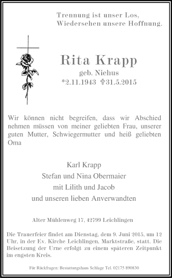 Anzeige von Rita Krapp von Kölner Stadt-Anzeiger / Kölnische Rundschau / Express