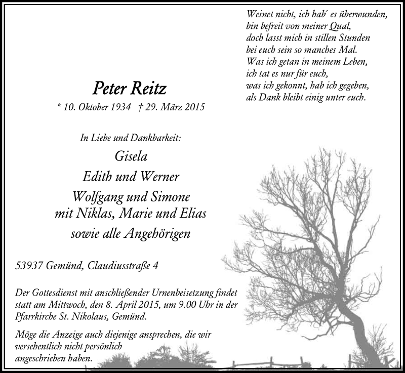  Traueranzeige für Peter Reitz vom 04.04.2015 aus Kölner Stadt-Anzeiger / Kölnische Rundschau / Express