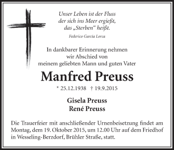Anzeige von Manfred Preuss von  Schlossbote/Werbekurier 