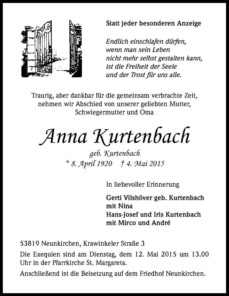  Traueranzeige für Anna Kurtenbach vom 08.05.2015 aus Kölner Stadt-Anzeiger / Kölnische Rundschau / Express