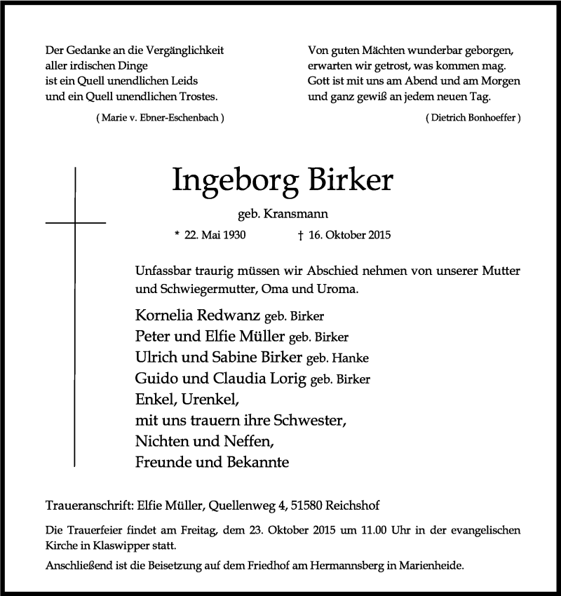  Traueranzeige für Ingeborg Birker vom 20.10.2015 aus Kölner Stadt-Anzeiger / Kölnische Rundschau / Express