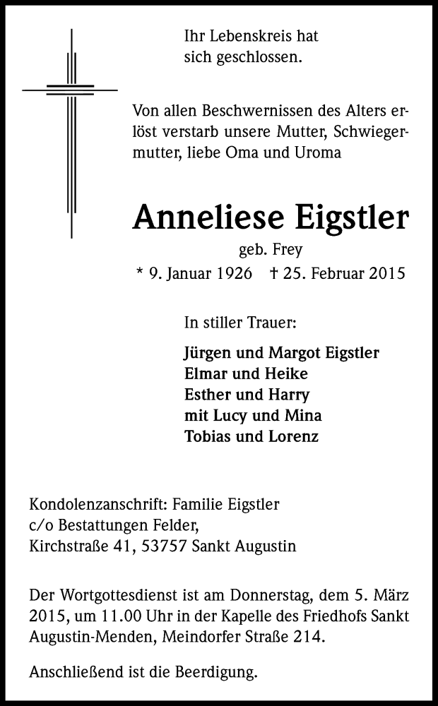  Traueranzeige für Anneliese Eigstler vom 28.02.2015 aus Kölner Stadt-Anzeiger / Kölnische Rundschau / Express
