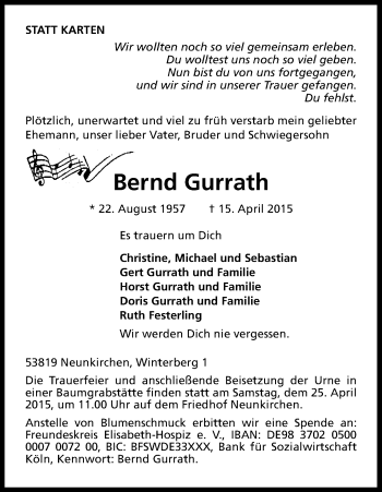 Anzeige von Bernd Gurrath von Kölner Stadt-Anzeiger / Kölnische Rundschau / Express