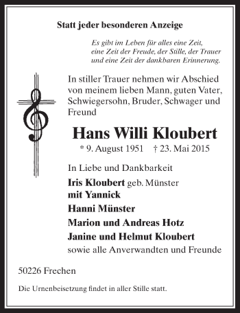 Anzeige von Hans Willi Kloubert von  Wochenende 