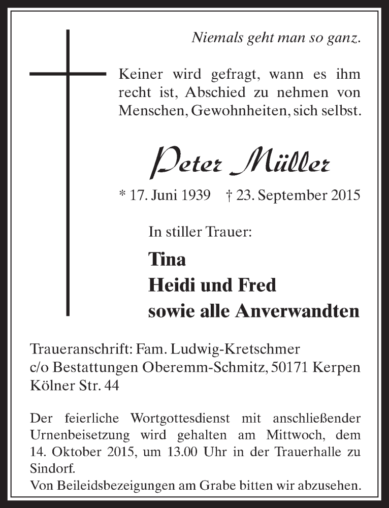  Traueranzeige für Peter Müller vom 07.10.2015 aus  Werbepost 