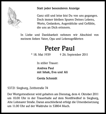 Anzeige von Peter Paul von Kölner Stadt-Anzeiger / Kölnische Rundschau / Express