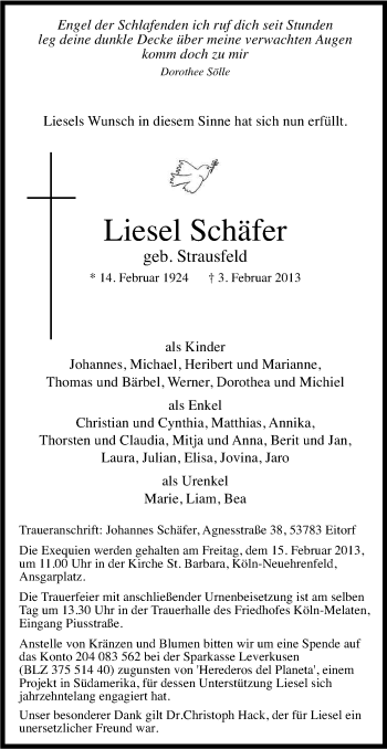 Anzeige von Liesel Schäfer von Kölner Stadt-Anzeiger / Kölnische Rundschau / Express