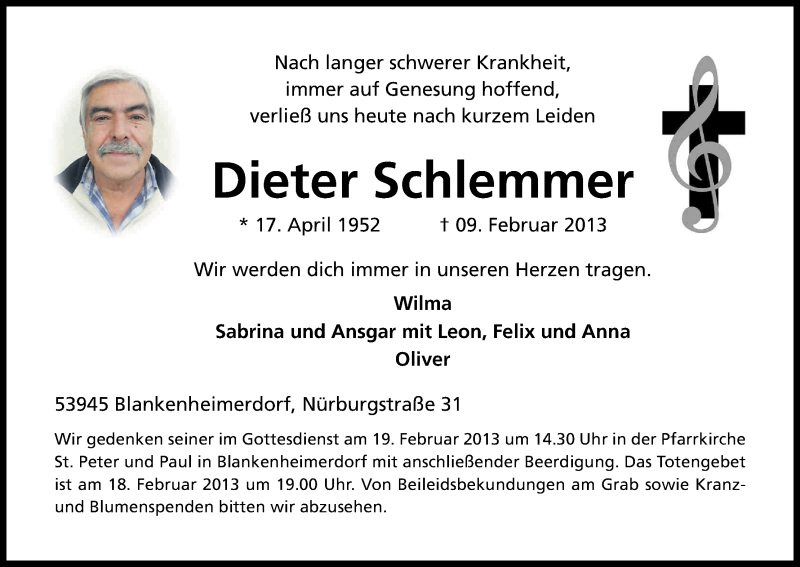  Traueranzeige für Dieter Schlemmer vom 16.02.2013 aus Kölner Stadt-Anzeiger / Kölnische Rundschau / Express