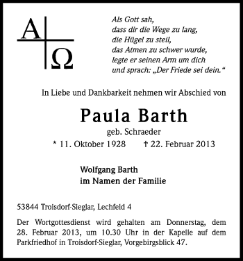 Anzeige von Paula Barth von Kölner Stadt-Anzeiger / Kölnische Rundschau / Express