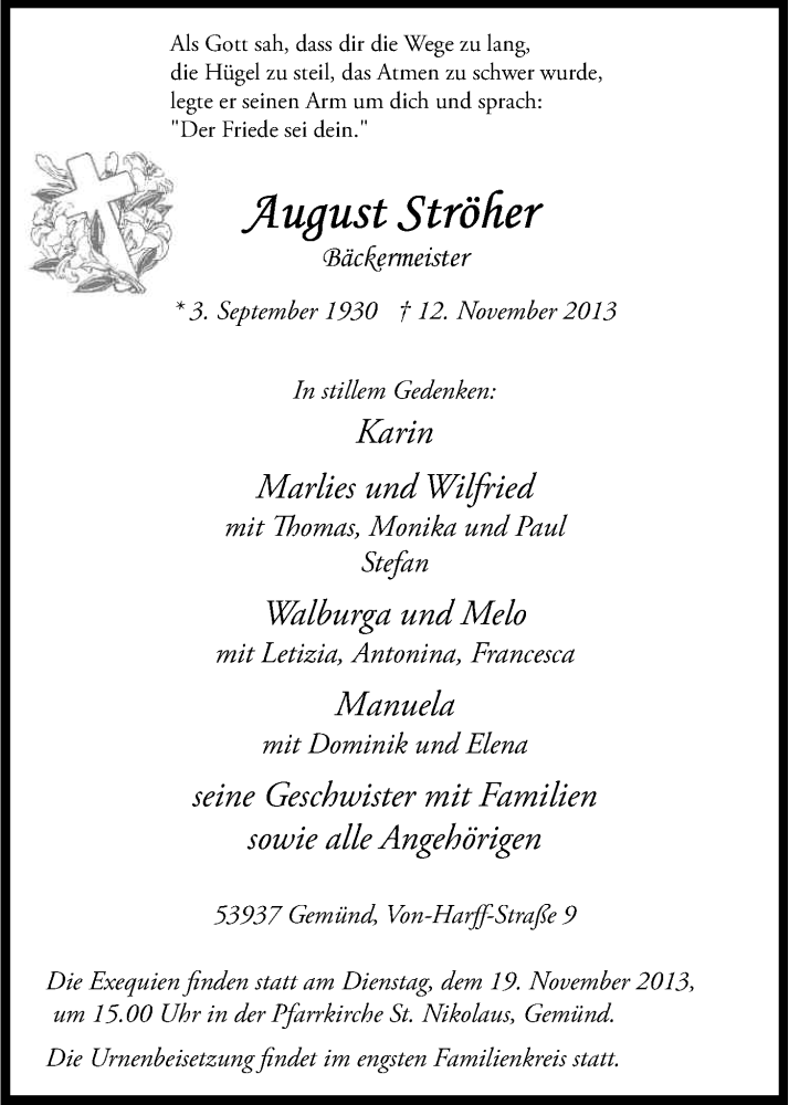  Traueranzeige für August Ströher vom 16.11.2013 aus Kölner Stadt-Anzeiger / Kölnische Rundschau / Express