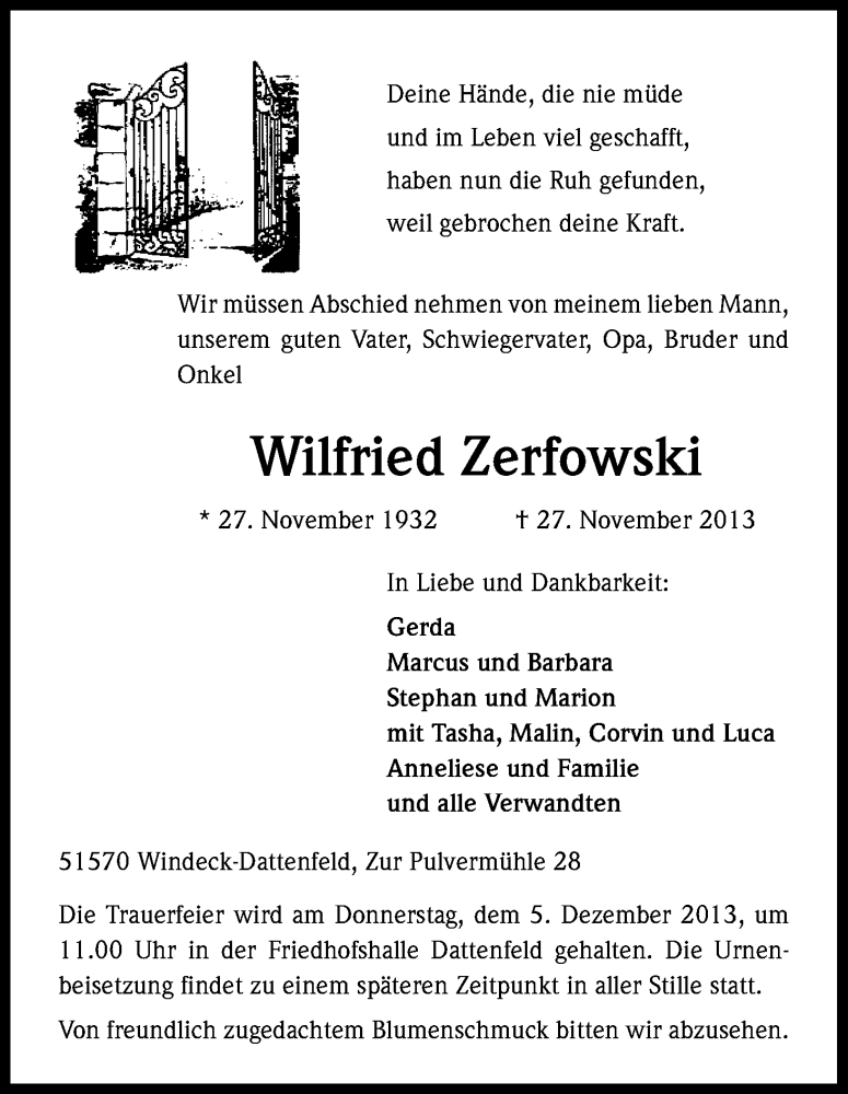 Traueranzeige für Wilfried Zerfowski vom 30.11.2013 aus Kölner Stadt-Anzeiger / Kölnische Rundschau / Express