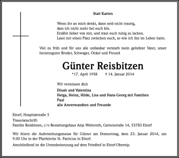 Anzeige von Günter Reisbitzen von Kölner Stadt-Anzeiger / Kölnische Rundschau / Express