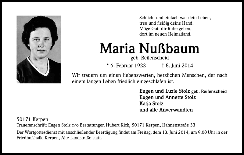  Traueranzeige für Maria Nußbaum vom 11.06.2014 aus Kölner Stadt-Anzeiger / Kölnische Rundschau / Express