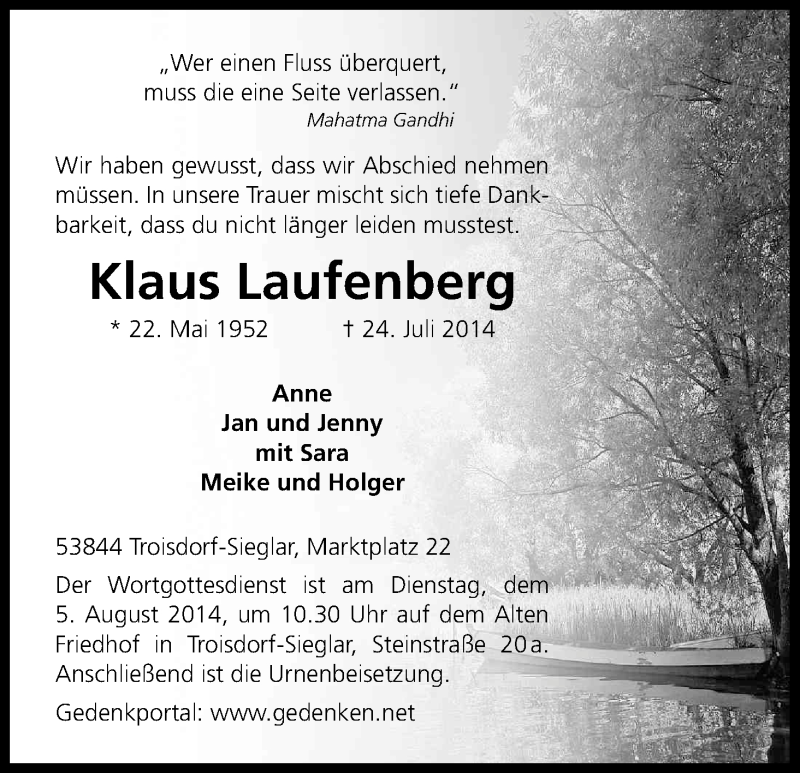  Traueranzeige für Klaus Laufenberg vom 30.07.2014 aus Kölner Stadt-Anzeiger / Kölnische Rundschau / Express