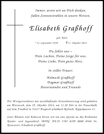 Anzeige von Elisabeth  Graßhoff von Kölner Stadt-Anzeiger / Kölnische Rundschau / Express