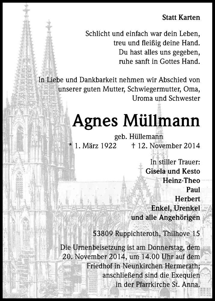  Traueranzeige für Agnes Müllmann vom 15.11.2014 aus Kölner Stadt-Anzeiger / Kölnische Rundschau / Express