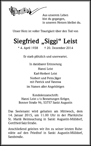 Anzeige von Siegfried Leist von Kölner Stadt-Anzeiger / Kölnische Rundschau / Express