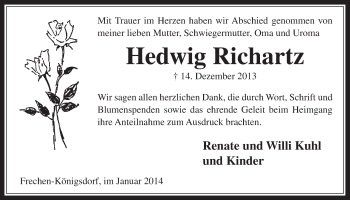 Anzeige von Hedwig Richartz von  Wochenende 