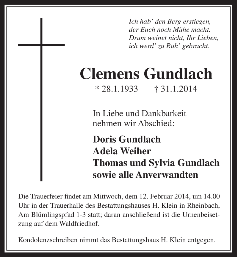  Traueranzeige für Clemens Gundlach vom 05.02.2014 aus  Schaufenster/Blickpunkt 