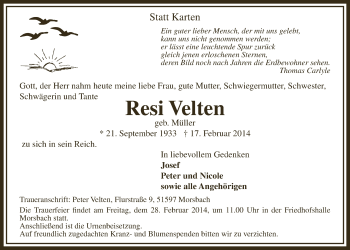 Anzeige von Resi Velten von  Lokalanzeiger 