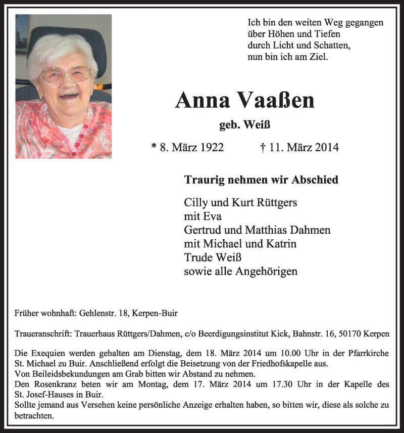  Traueranzeige für Anna Vaaßen vom 15.03.2014 aus  Sonntags-Post 