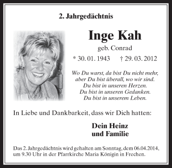 Anzeige von Inge Kah von  Wochenende 