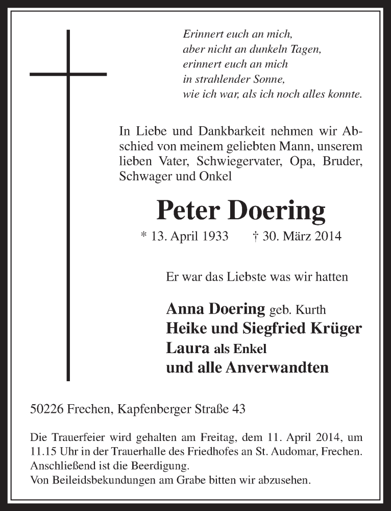 Traueranzeige für Peter Doering vom 09.04.2014 aus  Wochenende 