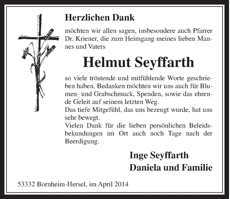  Traueranzeige für Helmut Seyffarth vom 16.04.2014 aus  Schaufenster/Blickpunkt 