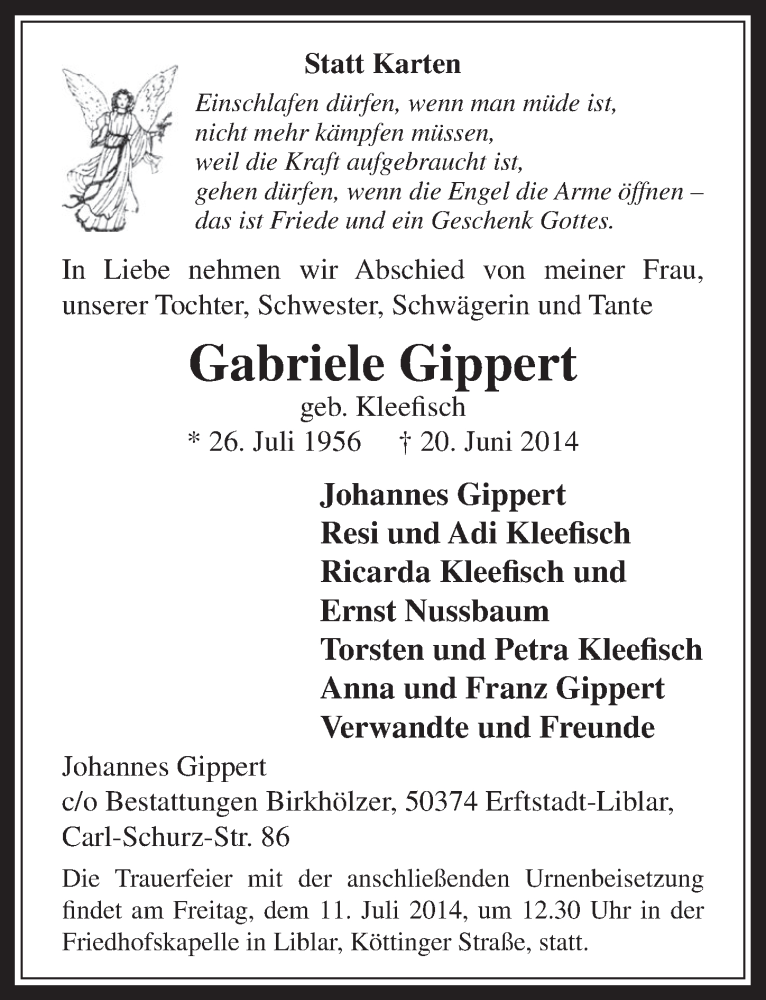  Traueranzeige für Gabriele Gippert vom 09.07.2014 aus  Werbepost 