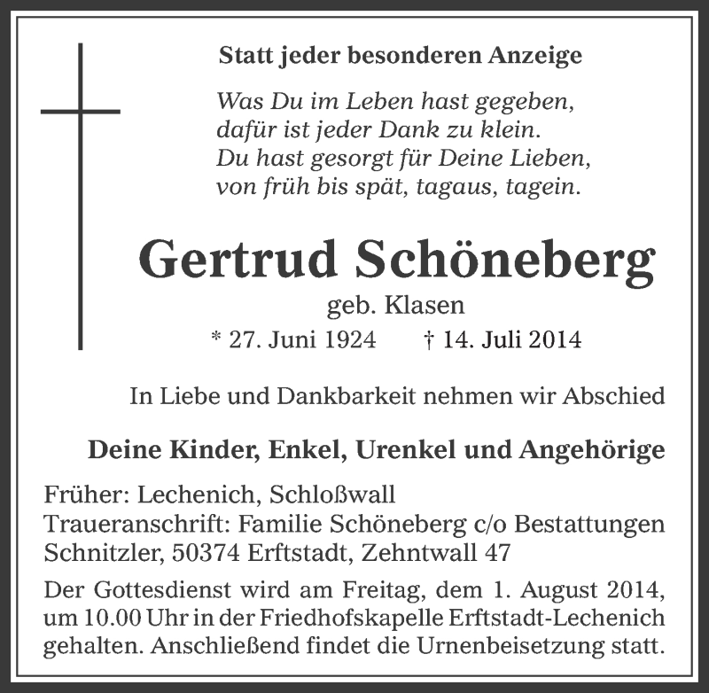  Traueranzeige für Gertrud Schöneberg vom 23.07.2014 aus  Werbepost 