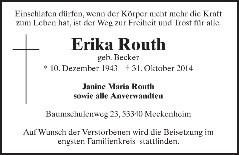  Traueranzeige für Erika Routh vom 05.11.2014 aus  Schaufenster/Blickpunkt 