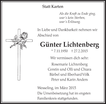 Anzeige von Günter Lichtenberg von  Schlossbote/Werbekurier 