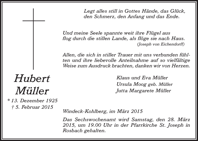  Traueranzeige für Hubert Müller vom 18.03.2015 aus  Lokalanzeiger 