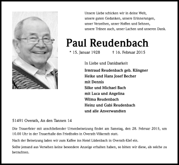 Anzeige von Paul Reudenbach von Kölner Stadt-Anzeiger / Kölnische Rundschau / Express