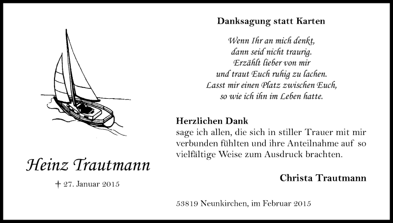  Traueranzeige für Heinz Trautmann vom 21.02.2015 aus Kölner Stadt-Anzeiger / Kölnische Rundschau / Express