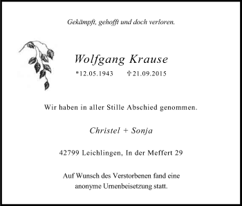 Anzeige von Wolfgang Krause von Kölner Stadt-Anzeiger / Kölnische Rundschau / Express