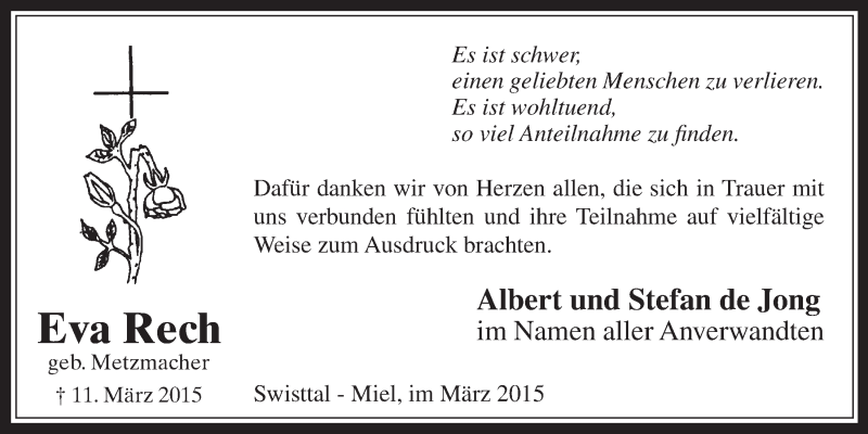  Traueranzeige für Eva Rech vom 01.04.2015 aus  Schaufenster/Blickpunkt 