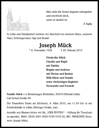 Anzeige von Joseph Mück von Kölner Stadt-Anzeiger / Kölnische Rundschau / Express