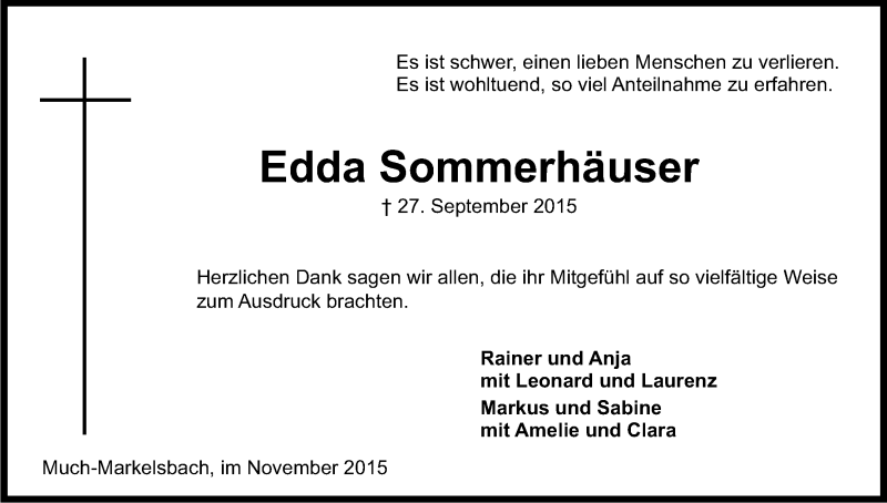  Traueranzeige für Edda Sommerhäuser vom 06.11.2015 aus Kölner Stadt-Anzeiger / Kölnische Rundschau / Express