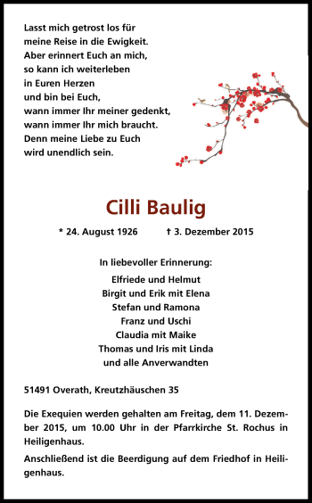 Anzeige von Cilli Baulig von Kölner Stadt-Anzeiger / Kölnische Rundschau / Express