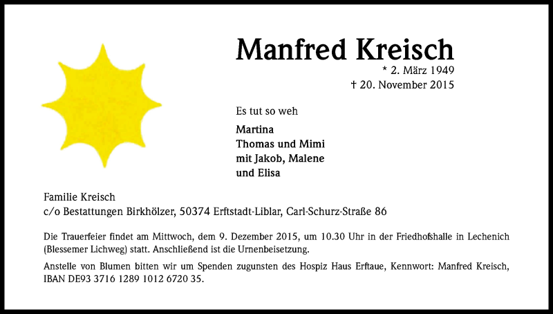  Traueranzeige für Manfred Kreisch vom 05.12.2015 aus Kölner Stadt-Anzeiger / Kölnische Rundschau / Express