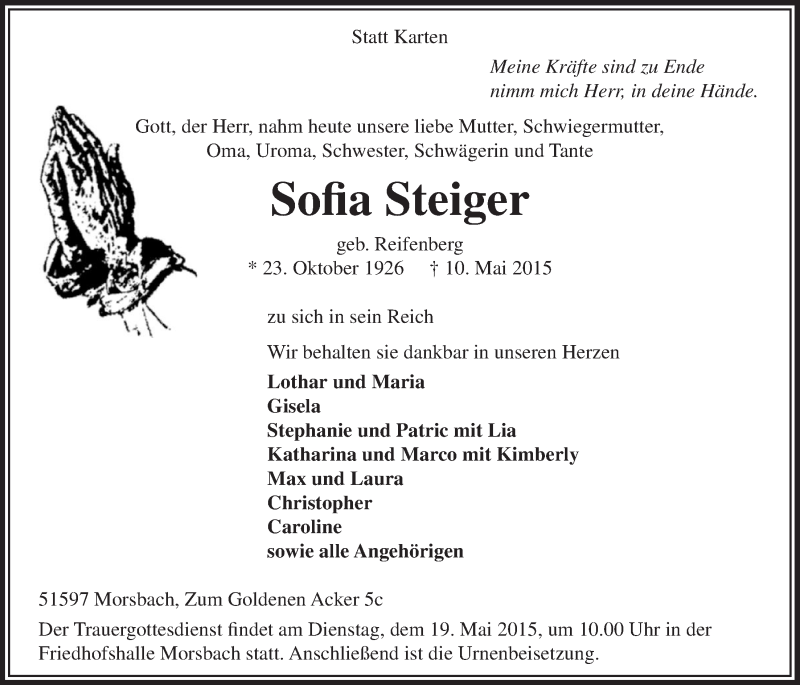  Traueranzeige für Sofia Steiger vom 13.05.2015 aus  Lokalanzeiger 